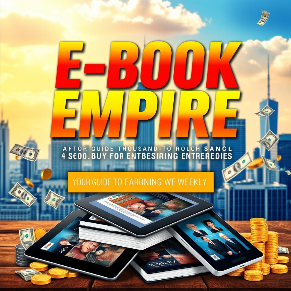 An engaging and dynamic e-book cover for 'E-Book Empire: Your Guide to Earning Thousands Weekly