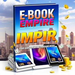 An engaging and dynamic e-book cover for 'E-Book Empire: Your Guide to Earning Thousands Weekly