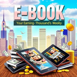 An engaging and dynamic e-book cover for 'E-Book Empire: Your Guide to Earning Thousands Weekly