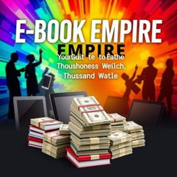 A striking e-book cover design for 'E-Book Empire: Your Guide to Earning Thousands Weekly
