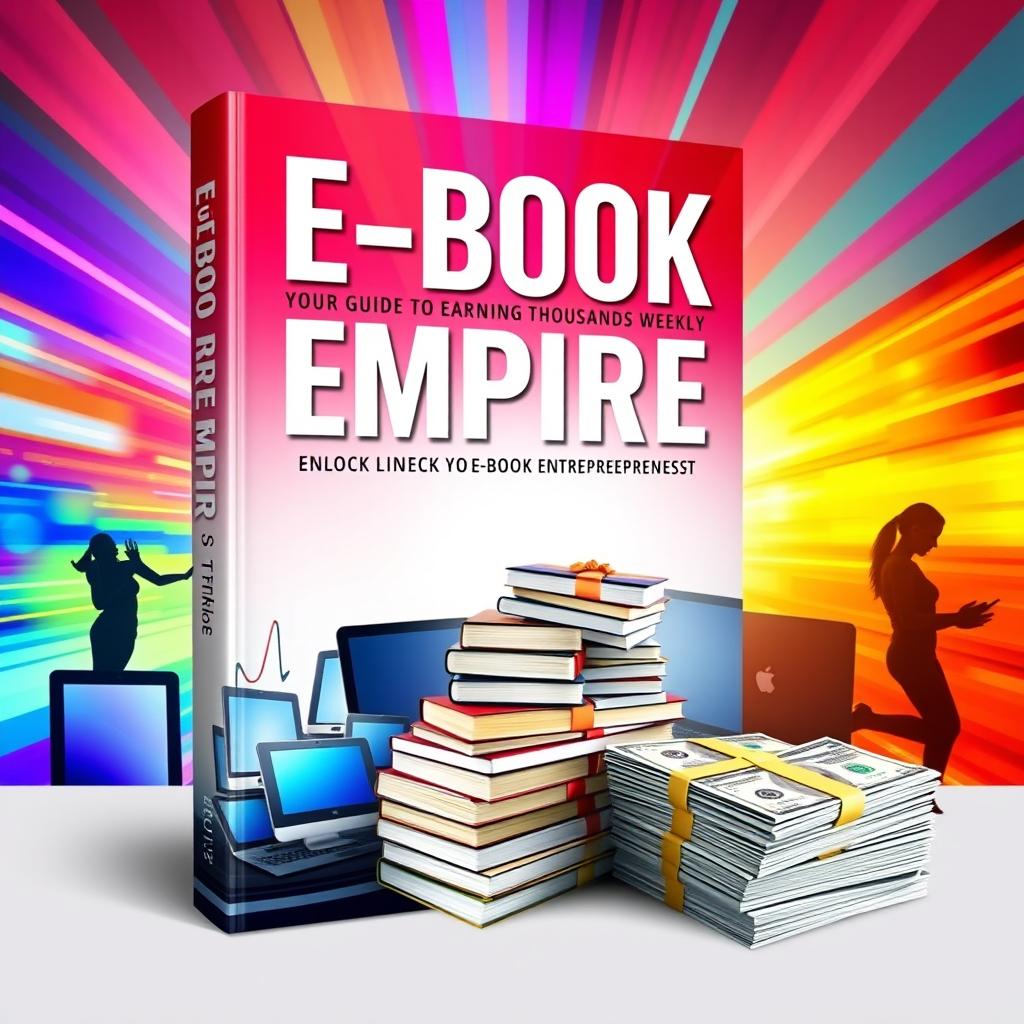 A striking e-book cover design for 'E-Book Empire: Your Guide to Earning Thousands Weekly