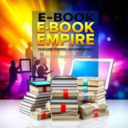 A striking e-book cover design for 'E-Book Empire: Your Guide to Earning Thousands Weekly