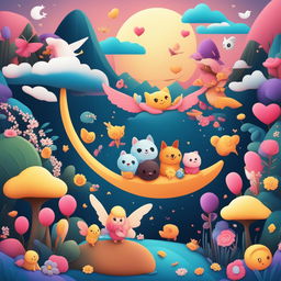 A vibrant digital art image featuring a plethora of emoji characters, including various animals, a fairy, and symbols of love and victory