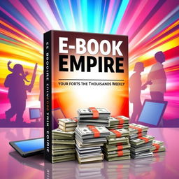 A striking e-book cover design for 'E-Book Empire: Your Guide to Earning Thousands Weekly