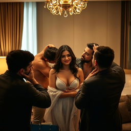 A sensual scene set in a luxurious hotel room featuring a cute 18-year-old Pakistani girl, radiating beauty and confidence