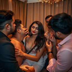 A sensual scene set in a luxurious hotel room featuring a cute 18-year-old Pakistani girl, radiating beauty and confidence