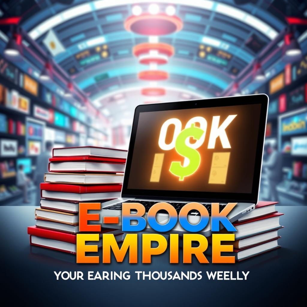 A captivating e-book cover design for 'E-Book Empire: Your Guide to Earning Thousands Weekly