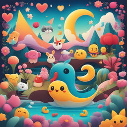 A vibrant digital art image featuring a plethora of emoji characters, including various animals, a fairy, and symbols of love and victory