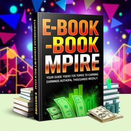 A visually striking e-book cover design for 'E-Book Empire: Your Guide to Earning Thousands Weekly