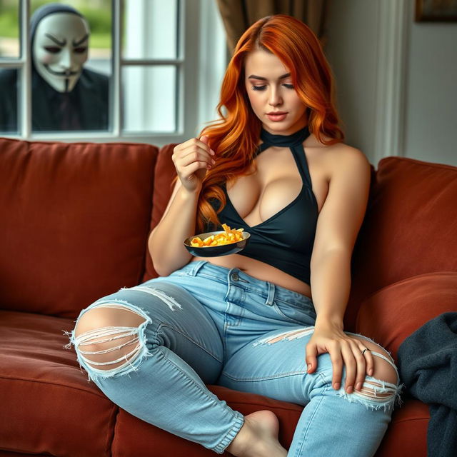 A beautiful, sexy, chubby hourglass-shaped woman with long flame red hair, sitting comfortably on a plush couch while enjoying some food