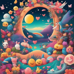 A vibrant digital art image featuring a plethora of emoji characters, including various animals, a fairy, and symbols of love and victory