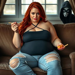 A beautiful, sexy, chubby hourglass-shaped woman with long flame red hair, sitting comfortably on a plush couch while enjoying some food