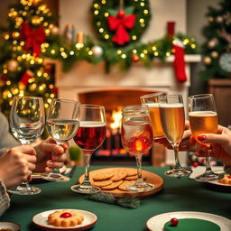 A festive Christmas gathering scene where seven different types of glasses are clinking together in a toast
