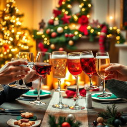 A festive Christmas gathering scene where seven different types of glasses are clinking together in a toast