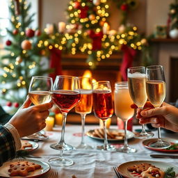 A festive Christmas gathering scene where seven different types of glasses are clinking together in a toast