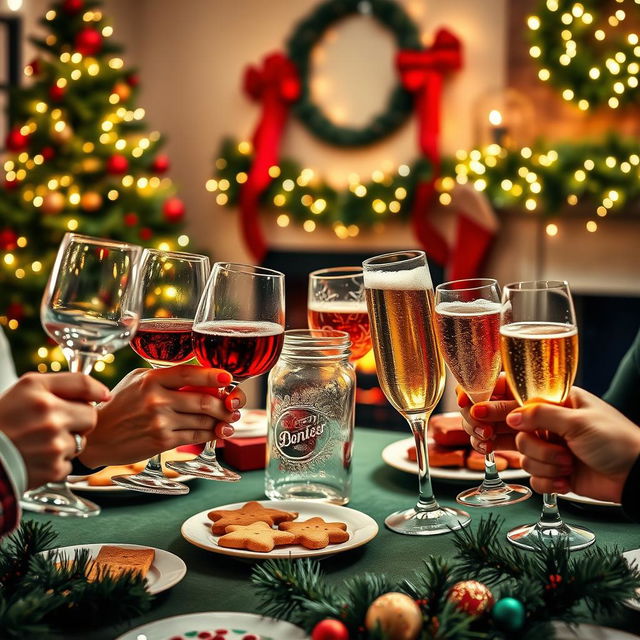 A festive Christmas gathering scene where seven different types of glasses are clinking together in a toast