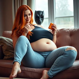 A beautifully sexy, chubby hourglass-shaped woman with long flame red hair, sitting comfortably on a plush couch while eating