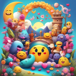 A vibrant digital art image featuring a plethora of emoji characters, including various animals, a fairy, and symbols of love and victory