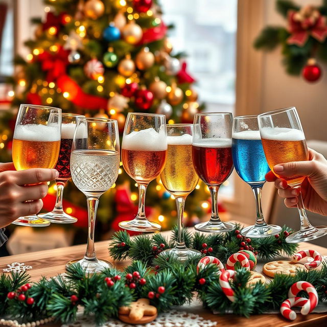 A festive Christmas scene featuring eight diverse glasses raised in a toast