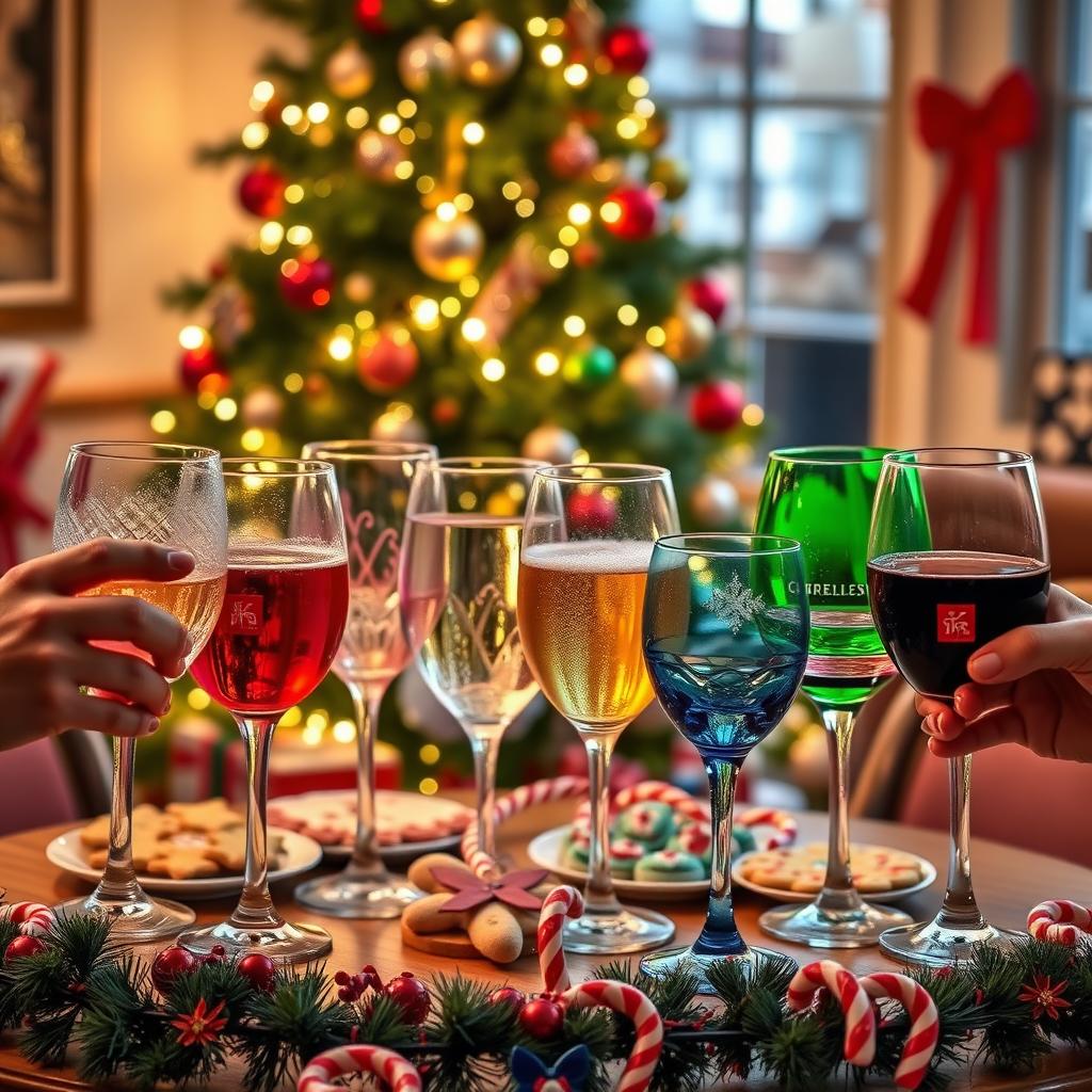 A festive Christmas scene featuring eight diverse glasses raised in a toast