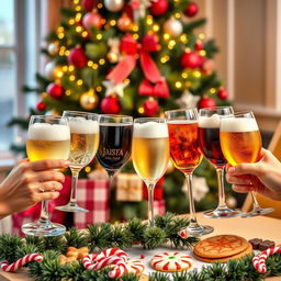 A festive Christmas scene featuring eight diverse glasses raised in a toast