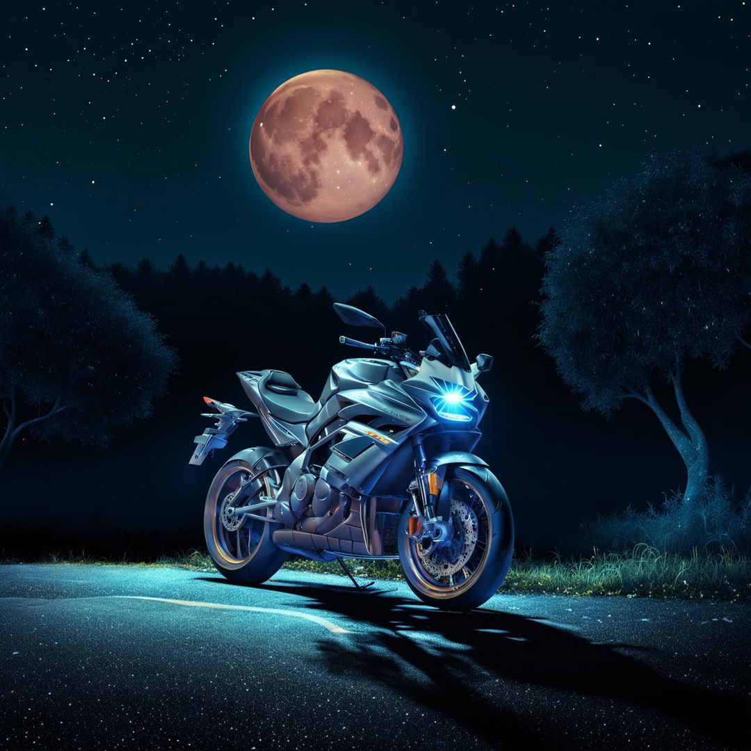 A digital art piece featuring a modern, sleek motorcycle parked on a solitary road under the light of a crescent moon