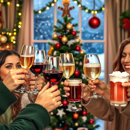 A cheerful Christmas celebration scene featuring a variety of different glasses being lifted in a toast