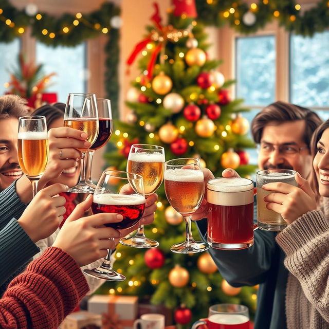 A cheerful Christmas celebration scene featuring a variety of different glasses being lifted in a toast