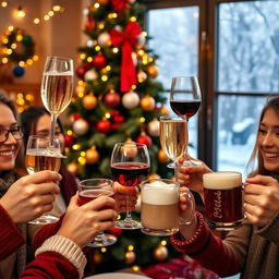 A cheerful Christmas celebration scene featuring a variety of different glasses being lifted in a toast