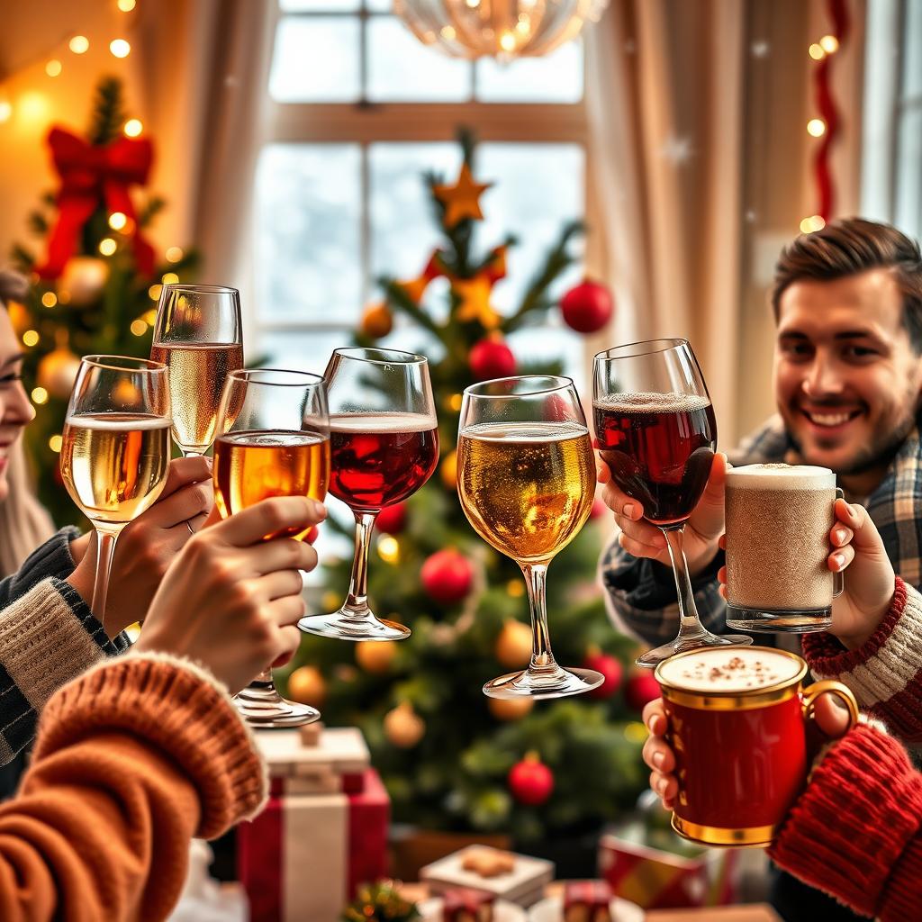 A cheerful Christmas celebration scene featuring a variety of different glasses being lifted in a toast