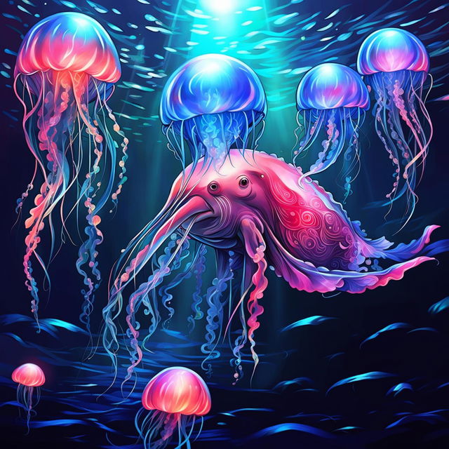 A high-quality digital art image depicting a pink and blue narwhal in a deep blue sea, surrounded by glowing jellyfish