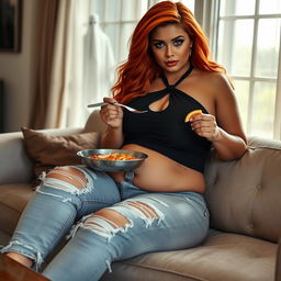A beautifully sexy, chubby hourglass-shaped woman with long flame red hair and striking dark face makeup, sitting comfortably on a stylish couch while enjoying her meal