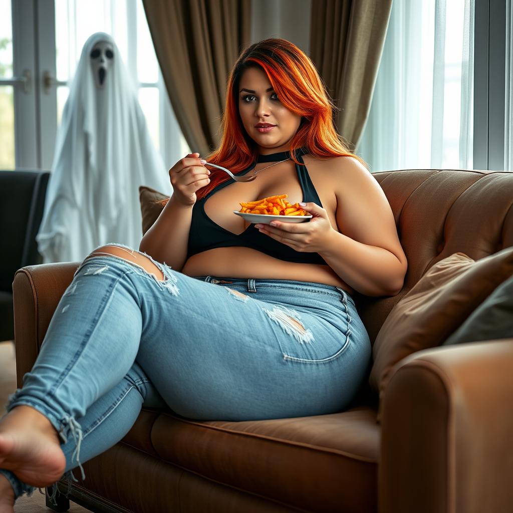 A beautifully sexy, chubby hourglass-shaped woman with long flame red hair and striking dark face makeup, sitting comfortably on a stylish couch while enjoying her meal