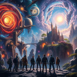 A sprawling multiverse depicted as an expansive cosmic landscape with swirling galaxies, vibrant nebulae, and interconnected portals