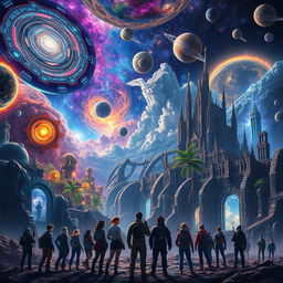 A sprawling multiverse depicted as an expansive cosmic landscape with swirling galaxies, vibrant nebulae, and interconnected portals