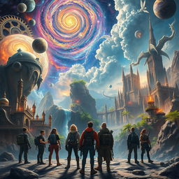 A sprawling multiverse depicted as an expansive cosmic landscape with swirling galaxies, vibrant nebulae, and interconnected portals