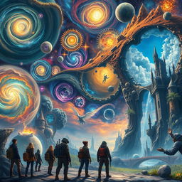 A sprawling multiverse depicted as an expansive cosmic landscape with swirling galaxies, vibrant nebulae, and interconnected portals