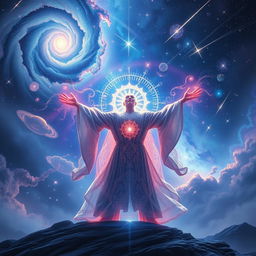 A mystical scene depicting universe magic, showcasing a vast cosmic landscape filled with swirling galaxies, vibrant nebulae, and twinkling stars