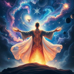 A mystical scene depicting universe magic, showcasing a vast cosmic landscape filled with swirling galaxies, vibrant nebulae, and twinkling stars