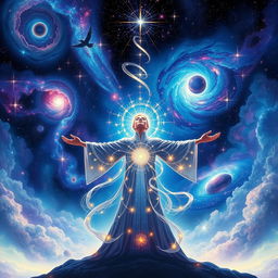 A mystical scene depicting universe magic, showcasing a vast cosmic landscape filled with swirling galaxies, vibrant nebulae, and twinkling stars