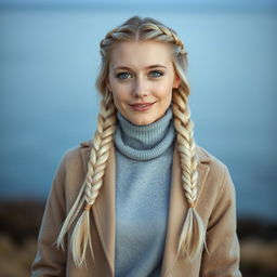 A portrait of Aura, a 34-year-old woman with an exquisite Scandinavian appearance