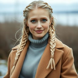 A portrait of Aura, a 34-year-old woman with an exquisite Scandinavian appearance