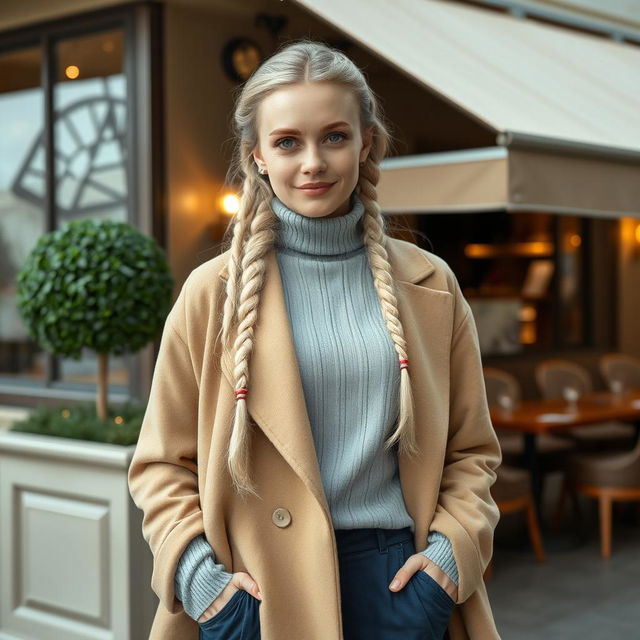 Aura, a 34-year-old woman with an exquisite Scandinavian appearance, stands against the backdrop of an elegant restaurant