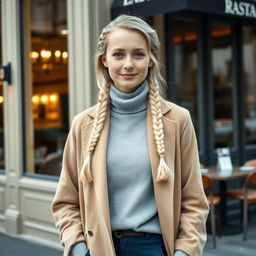 Aura, a 34-year-old woman with an exquisite Scandinavian appearance, stands against the backdrop of an elegant restaurant