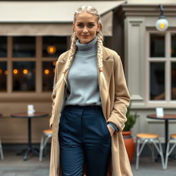 Aura, a 34-year-old woman with an exquisite Scandinavian appearance, stands against the backdrop of an elegant restaurant