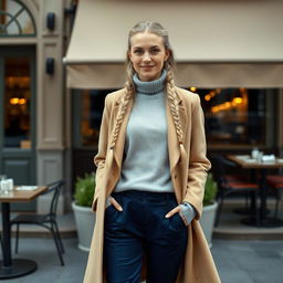 Aura, a 34-year-old woman with an exquisite Scandinavian appearance, stands against the backdrop of an elegant restaurant