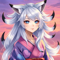 A young woman with radiant silver hair, showcasing six graceful silver tails each with striking black tips