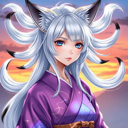 A young woman with radiant silver hair, showcasing six graceful silver tails each with striking black tips