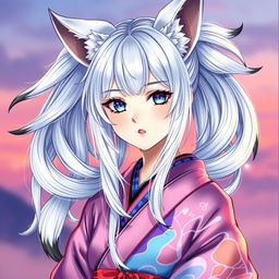A young woman with radiant silver hair, showcasing six graceful silver tails each with striking black tips