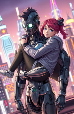 A futuristic scene where a boy with robotic features is carrying a girl in his arms, showcasing their fantastic and unique relationship